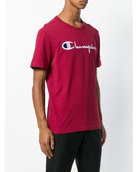 dunkelrotes bedrucktes T-Shirt mit einem Rundhalsausschnitt von Champion