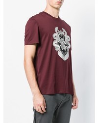 dunkelrotes bedrucktes T-Shirt mit einem Rundhalsausschnitt von Roberto Cavalli