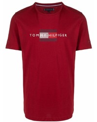 dunkelrotes bedrucktes T-Shirt mit einem Rundhalsausschnitt von Tommy Hilfiger