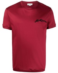 dunkelrotes besticktes T-Shirt mit einem Rundhalsausschnitt von Alexander McQueen