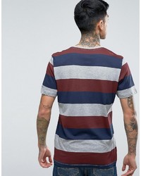 dunkelrotes horizontal gestreiftes T-shirt von Jack and Jones