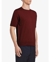 dunkelrotes Strick T-Shirt mit einem Rundhalsausschnitt von Prada