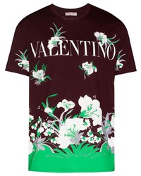 dunkelrotes T-Shirt mit einem Rundhalsausschnitt mit Blumenmuster von Valentino