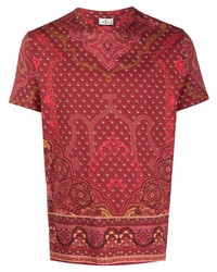 dunkelrotes T-Shirt mit einem Rundhalsausschnitt mit Paisley-Muster von Etro