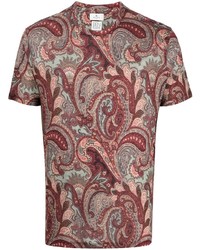 dunkelrotes T-Shirt mit einem Rundhalsausschnitt mit Paisley-Muster von Etro