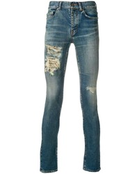 dunkeltürkise enge Jeans mit Destroyed-Effekten von Saint Laurent