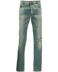 dunkeltürkise Jeans mit Destroyed-Effekten von Balmain