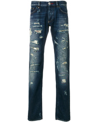 dunkeltürkise Jeans mit Destroyed-Effekten von Philipp Plein
