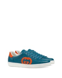 dunkeltürkise Leder niedrige Sneakers von Gucci