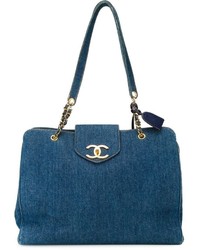 dunkeltürkise Shopper Tasche aus Leder von Chanel