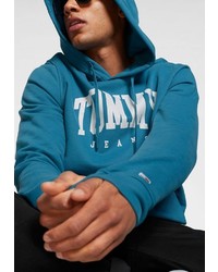 dunkeltürkiser bedruckter Pullover mit einem Kapuze von Tommy Jeans