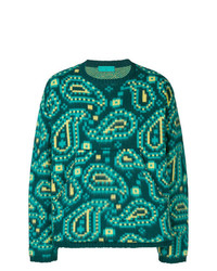 dunkeltürkiser Pullover mit einem Rundhalsausschnitt mit Paisley-Muster von Paura