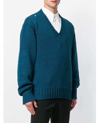 dunkeltürkiser Pullover mit einem V-Ausschnitt von Calvin Klein 205W39nyc