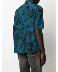 dunkeltürkises bedrucktes Kurzarmhemd von Saint Laurent