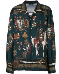dunkeltürkises bedrucktes Langarmhemd von Dolce & Gabbana