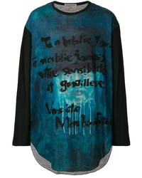 dunkeltürkises bedrucktes Langarmshirt von Yohji Yamamoto