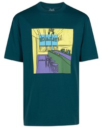 dunkeltürkises bedrucktes Spitze T-Shirt mit einem Rundhalsausschnitt