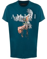 dunkeltürkises bedrucktes T-Shirt mit einem Rundhalsausschnitt von Amiri