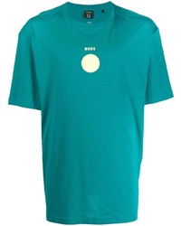 dunkeltürkises bedrucktes T-Shirt mit einem Rundhalsausschnitt von BOSS