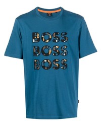 dunkeltürkises bedrucktes T-Shirt mit einem Rundhalsausschnitt von BOSS