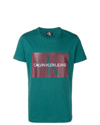 dunkeltürkises bedrucktes T-Shirt mit einem Rundhalsausschnitt von Calvin Klein Jeans