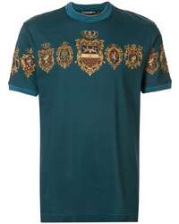 dunkeltürkises bedrucktes T-Shirt mit einem Rundhalsausschnitt von Dolce & Gabbana