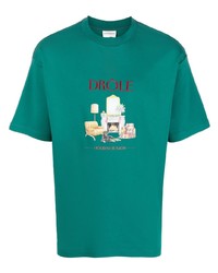 dunkeltürkises bedrucktes T-Shirt mit einem Rundhalsausschnitt von Drôle De Monsieur