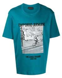 dunkeltürkises bedrucktes T-Shirt mit einem Rundhalsausschnitt von Emporio Armani