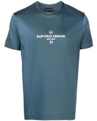 dunkeltürkises bedrucktes T-Shirt mit einem Rundhalsausschnitt von Emporio Armani