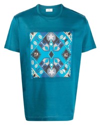 dunkeltürkises bedrucktes T-Shirt mit einem Rundhalsausschnitt von Etro