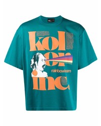 dunkeltürkises bedrucktes T-Shirt mit einem Rundhalsausschnitt von Kolor
