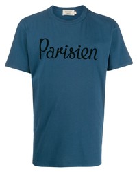 dunkeltürkises bedrucktes T-Shirt mit einem Rundhalsausschnitt von MAISON KITSUNÉ