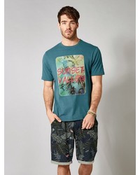 dunkeltürkises bedrucktes T-Shirt mit einem Rundhalsausschnitt von MEN PLUS BY HAPPY SIZE