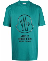 dunkeltürkises bedrucktes T-Shirt mit einem Rundhalsausschnitt von Moncler