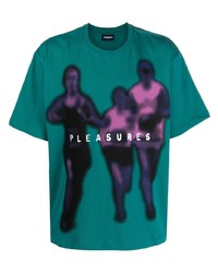 dunkeltürkises bedrucktes T-Shirt mit einem Rundhalsausschnitt von Pleasures
