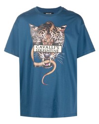 dunkeltürkises bedrucktes T-Shirt mit einem Rundhalsausschnitt von Roberto Cavalli