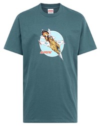 dunkeltürkises bedrucktes T-Shirt mit einem Rundhalsausschnitt von Supreme