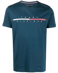 dunkeltürkises bedrucktes T-Shirt mit einem Rundhalsausschnitt von Tommy Hilfiger