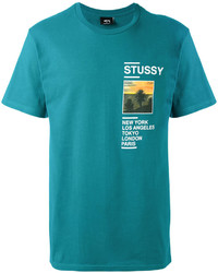 dunkeltürkises bedrucktes T-shirt von Stussy