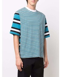 dunkeltürkises horizontal gestreiftes T-Shirt mit einem Rundhalsausschnitt von Marni