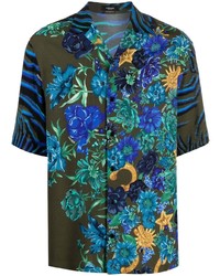 dunkeltürkises Kurzarmhemd mit Blumenmuster von Versace