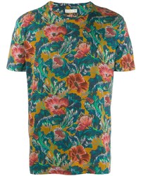 dunkeltürkises T-Shirt mit einem Rundhalsausschnitt mit Blumenmuster von Etro