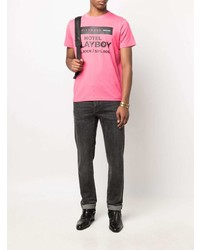 fuchsia bedrucktes T-Shirt mit einem Rundhalsausschnitt von John Richmond