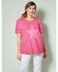 fuchsia bedrucktes T-Shirt mit einem Rundhalsausschnitt von Janet und Joyce by Happy Size