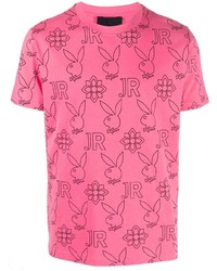 fuchsia bedrucktes T-Shirt mit einem Rundhalsausschnitt von John Richmond