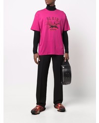 fuchsia bedrucktes T-Shirt mit einem Rundhalsausschnitt von Raf Simons