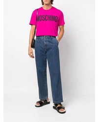 fuchsia bedrucktes T-Shirt mit einem Rundhalsausschnitt von Moschino