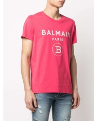 fuchsia bedrucktes T-Shirt mit einem Rundhalsausschnitt von Balmain