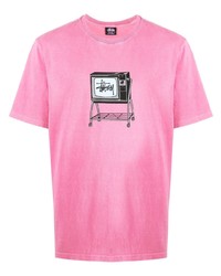 fuchsia bedrucktes T-Shirt mit einem Rundhalsausschnitt von Stussy