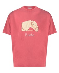 fuchsia besticktes T-Shirt mit einem Rundhalsausschnitt von Bode